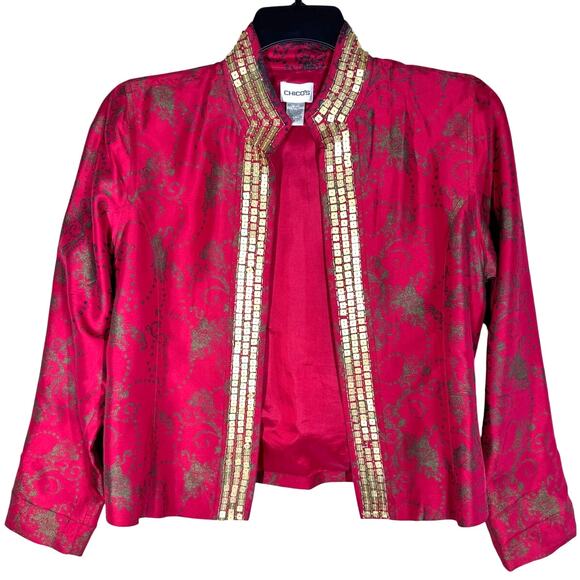 Chico's Asian Inspired Silk Beaded Red Gold Blazer Jacket Women's Medium‎ Career - Picture 1 of 7